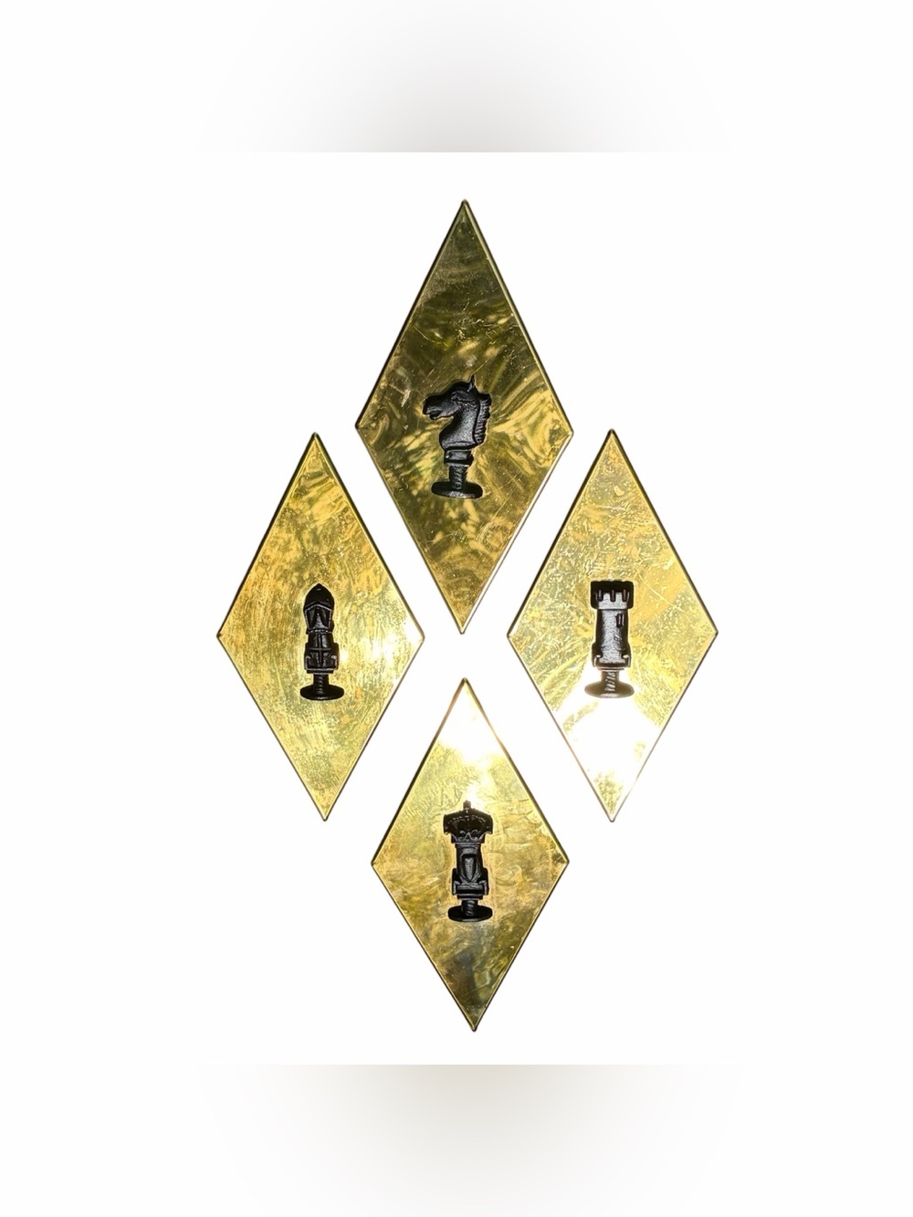 Set of 4 MCM 1960s Unmarked Wall Hangings Chess Pieces Diamond Shape Gold Shiny